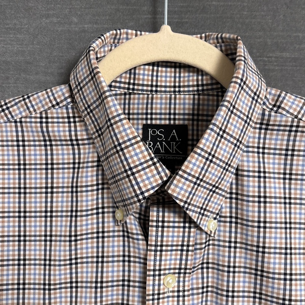 Jos A Bank Shirt M Traveler Tan Blue Plaid Cotton Button Down Long Sleeve Casual